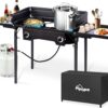 da5f964d5b4260df 3 Burner Propane Camp Stove | 225,000 BTU Gas Burners | Side Shelves | Windscreen | Waterproof Cover | Detachable Legs | Ideal for Camping Backyard Outdoor Cooking