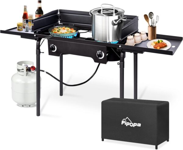 da5f964d5b4260df 3 Burner Propane Camp Stove | 225,000 BTU Gas Burners | Side Shelves | Windscreen | Waterproof Cover | Detachable Legs | Ideal for Camping Backyard Outdoor Cooking