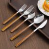 da64f0894da850fe 30pcs Stainless Steel Imitation Wooden Handle Cutlery Set Dinnerware Clamp Western Tableware Knife Fork Tea Spoon
