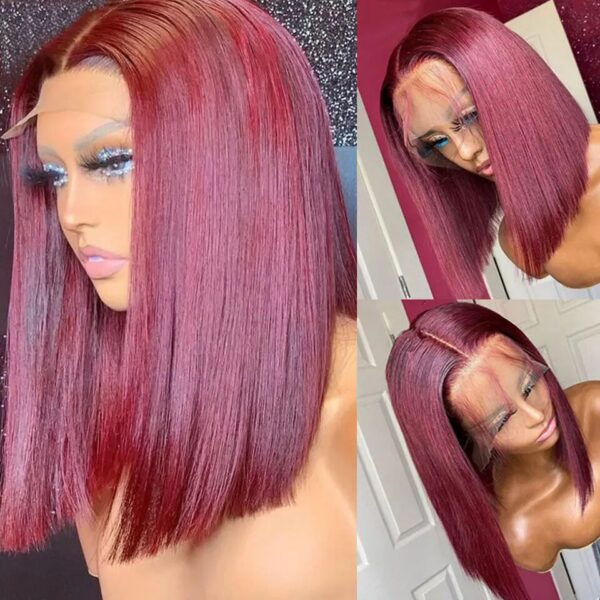 1B/99J Bury Short Straight Bob Brazilian Front Human Pre Plucked T Part Lace Wigs Remy Hair