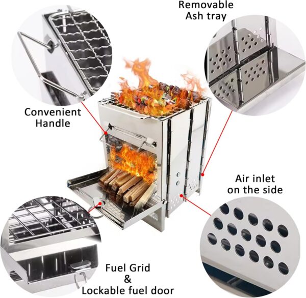 dabe995a889e4578 Tragbarer Campingkocher aus Edelstahl – kompakter faltbarer Holzgrill für Rucksackreisen, Wandern & Grillen im Freien, winddichtes Design mit 360° Luftstrom & stabilem Boden (Survival Gear)