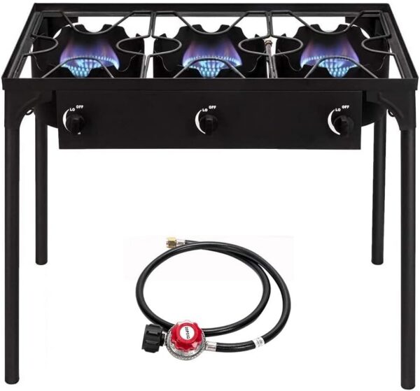 Bonnlo 3 Burner Outdoor Portable Propane Stove Gas Cooker, Heavy Duty Iron Cast Patio Burner with Detachable Stand Legs for Camp Cooking (3-Burner 225,000-BTU)