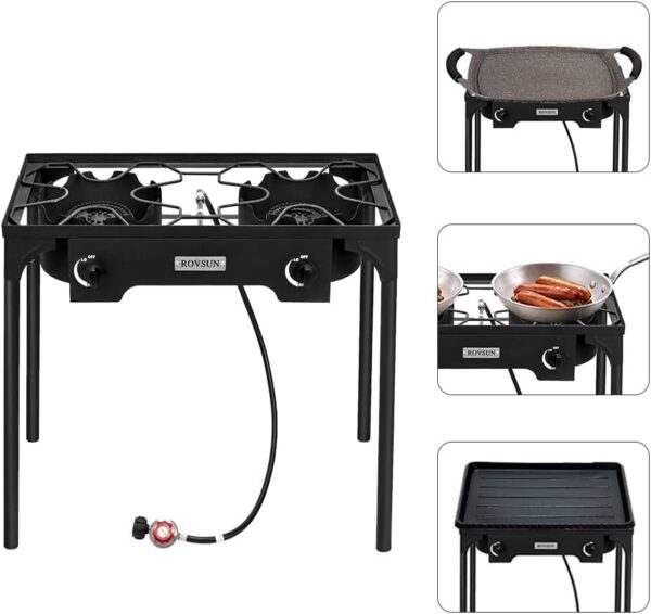 Bonnlo 3 Burner Outdoor Portable Propane Stove Gas Cooker, Heavy Duty Iron Cast Patio Burner with Detachable Stand Legs for Camp Cooking (3-Burner 225,000-BTU)