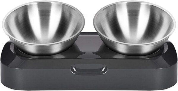 Raised Cat Bowl with Stainless Steel, Non-Slip Silicone Mat & Raised Cat Feeder with 15° & 0° Tilting Neck Protective Bowl for Pets, Cats Food and Water Feeding