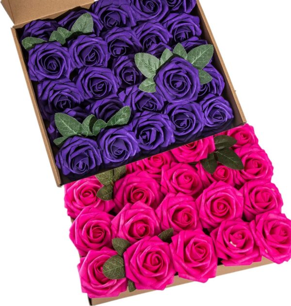 db4bcfbd3ea5bf84 Artificial Flower Foam Purple Rose 50pcs Real Looking Fake Rose with Stems Leaves for Home Decoration Party Garden Centerpieces DIY Wedding Bouquets(Purple)