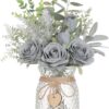 Faux Flowers with Vase,Artificial Silk Roses in Vase, Fake Plant Eucalyptus Flower Arrangement for Home Office Farmhouse Bathroom Dining Table Centerpiece Decorations Coffee Table Decor (Burgundy)