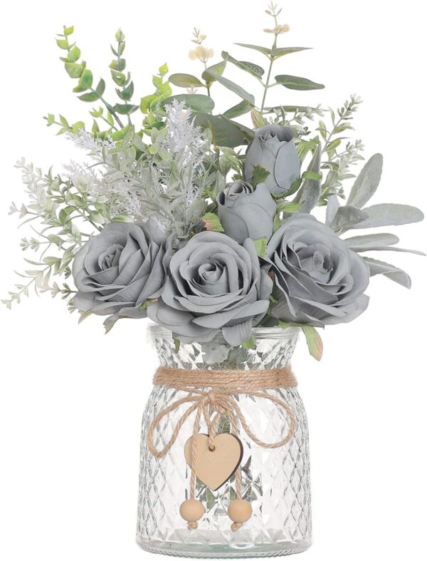 Faux Flowers with Vase,Artificial Silk Roses in Vase, Fake Plant Eucalyptus Flower Arrangement for Home Office Farmhouse Bathroom Dining Table Centerpiece Decorations Coffee Table Decor (Burgundy)