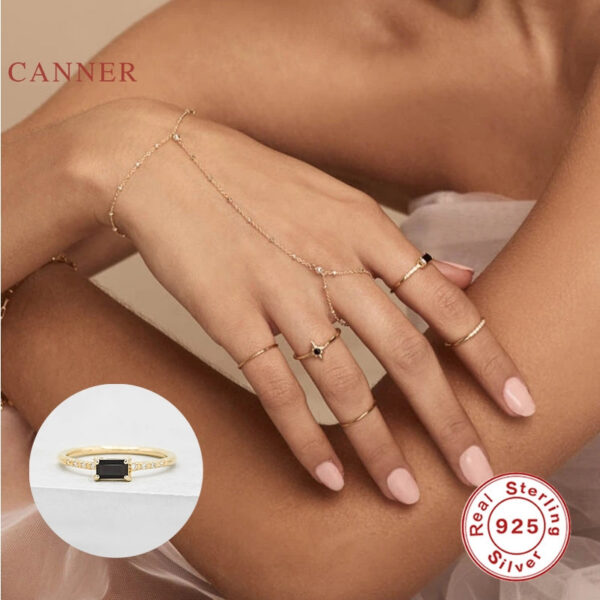 CANNER Square Black Diamond Ring 100% Sterling Sier Anillos Gold For Women Fine Jewelry Wedding Rings Bijoux