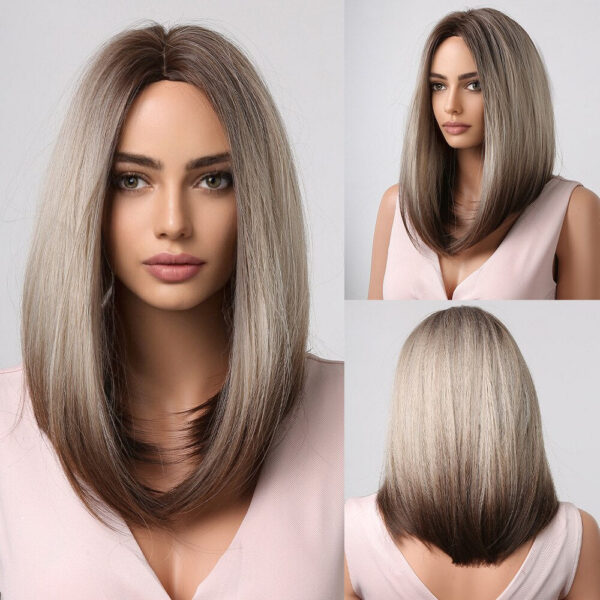 Brown Blonde Ombre Short Bob Wigs for Women Cosplay Synthetic with Bangs Dark Roots Gray Natural Hair Wig Heat Resistant