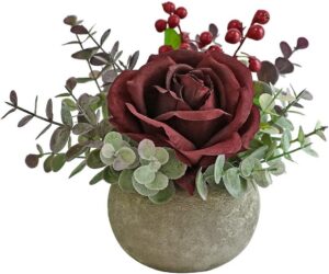 dc17c7a346f3455c Artificial Flowers Kit with Pot, Combination of Fake Silk Burgundy Red Roses and Greenery,Small Plant Potted Decor for Offices,Bookshelf,Bedroom, Living Room,Party,Wedding Decorations…