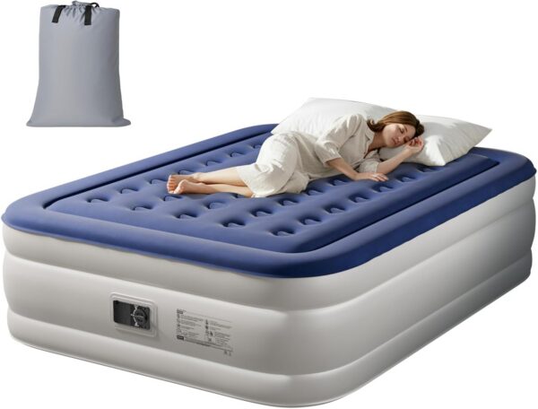 Bonnlo Twin/Queen Air Mattress with Built-in Pump 18" Raised Blow Up Mattress Soft Flocked Top Leakproof Inflatable Bed with Carry Bag for Outdoor & Indoor Use Camping (Blue, Twin)