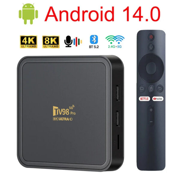 dc85e00a6ce4d360 TV98 PRO TV Box Android 14 ATV H313 Quad Core 5G Dual Wifi 8K 4K Media Player TB 5.2 Support Voice remote control TV Box