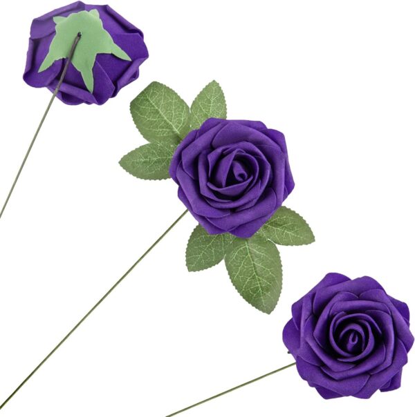 dcaa3ef253ab124e Artificial Flower Foam Purple Rose 50pcs Real Looking Fake Rose with Stems Leaves for Home Decoration Party Garden Centerpieces DIY Wedding Bouquets(Purple)