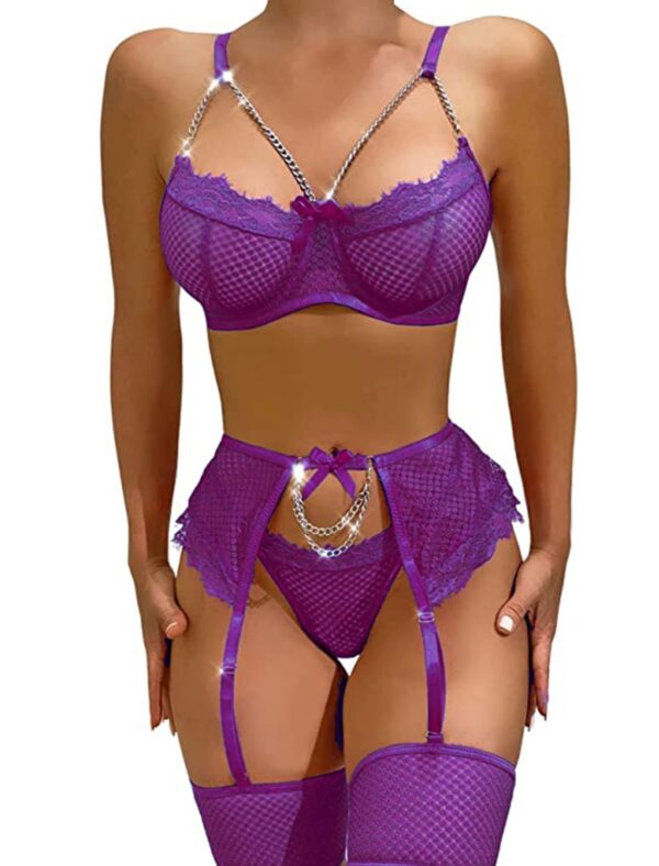 Avidlove Garter Set Lingerie for Women Fishnet Sexy Underwire Lace 4 Piece Sets Chain Bra S-XXL