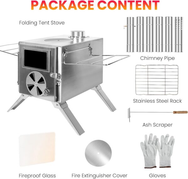 LAMA Tent Camping Stove, Portable Folding Stainless Steel Wood Stove with Chimneys and Gloves, Wood Burner for Tents, Hiking, Cooking, Heating, Camping, Silverwhite