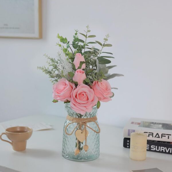 Faux Flowers with Vase,Artificial Silk Roses in Vase, Fake Plant Eucalyptus Flower Arrangement for Home Office Farmhouse Bathroom Dining Table Centerpiece Decorations Coffee Table Decor (Burgundy)