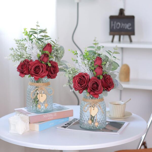 Faux Flowers with Vase,Artificial Silk Roses in Vase, Fake Plant Eucalyptus Flower Arrangement for Home Office Farmhouse Bathroom Dining Table Centerpiece Decorations Coffee Table Decor (Burgundy)