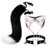 QinRuan Cat Ears and Wolf Fox Animal Tail Cosplay Costume Faux Fur Hair Clip Headdress Halloween Leather Neck Chocker Set (3-Blackwhite)