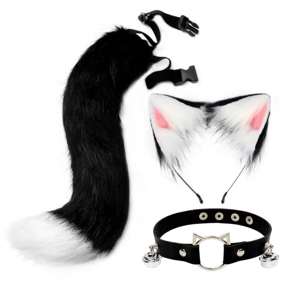 QinRuan Cat Ears and Wolf Fox Animal Tail Cosplay Costume Faux Fur Hair Clip Headdress Halloween Leather Neck Chocker Set (3-Blackwhite)
