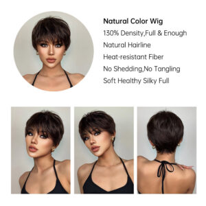 dd7cadbee606e767 Short Pixie Cut Dark Brown Synthetic Wigs Natural Straight Layered Wig with Fluffy Bangs for Women Daily Heat Resistant Hair