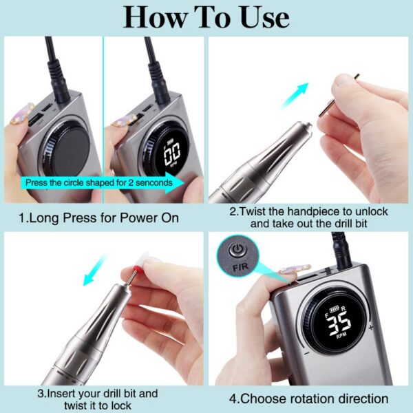 YOKEFELLOW Professional Drill hine Kit 35000RPM Rechargeable Portable Electric Nail File for Manicure Acrylic Gel Nails