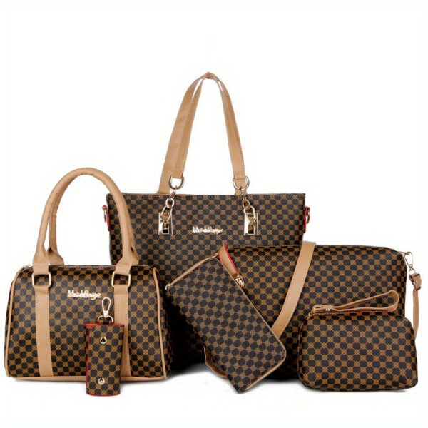 ddb36ed0566595d0 6pcs Tote Bag Boston Bag Clutch Purse Set, PU Leather Textured Shoulder Bag, Casual Versatile Commuter Bag
