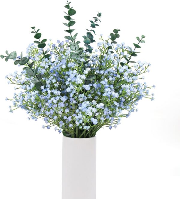18pcs Babys Breath Eucalyptus Leaves Bouquet Blue Gypsophila Artificial Flowers and Faux Greenery for Home Decor