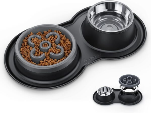 de7601ba9a9bfb38 BurgeonNest Dog Bowl Slow Feeder,4 in 1 Dog Food and Water Bowl with Stand Slow Down Eating Dog Puzzle Bowl Set with Non-Skid Silicone Mat for Small Medium Dogs