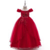 Off-shoulder Long For Girls Kids Flower Embroidered Wedding Gown Host Performance Dress