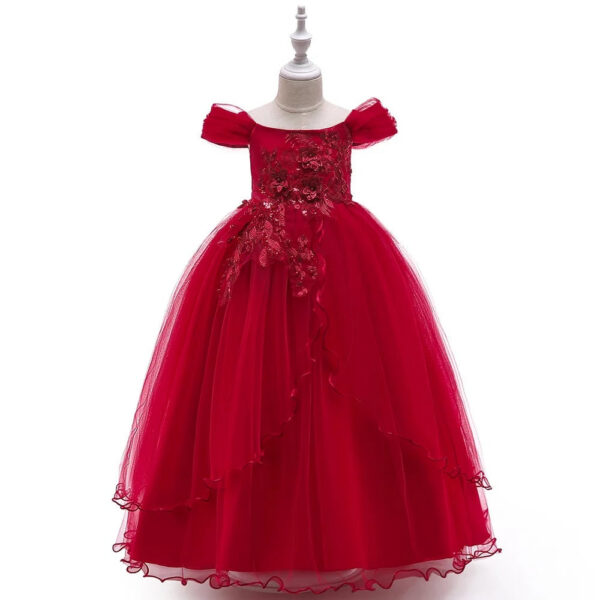 Off-shoulder Long For Girls Kids Flower Embroidered Wedding Gown Host Performance Dress