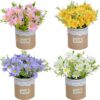 XONOR Artificial Flowers - Set of 4 Mini Fake Potted Silk Daisy Flowers for Home Decor Wedding Office Tabletop Decoration