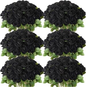 deaf778db4119a53 50 Pcs Artificial Rose Flower Realistic Silk Roses with Stem Bouquet of Flowers Plastic Flowers Real Looking Fake Roses for Home Wedding Centerpieces Party Decorations (Black)