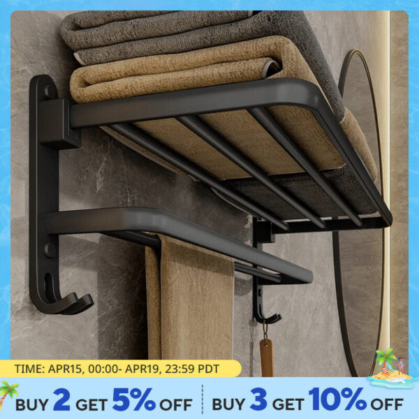 debadd211568588d Matte Black 50CM Folding With Hook Towel Holder Wall Mount AluminumTowel Rack
