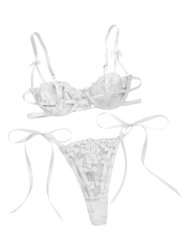Lilosy Sexy Underwire Cute Push Up Strappy Embroidered Mesh Sheer Lingerie Set See Through Panty Bra