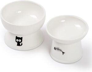 df042f1d0401be29 FOREYY Raised Cat Food and Water Bowl Set, Whisker Friendly Elevated Ceramic Cats Feeder Bowls with Anti Slip Ring, Anti-Vomiting Shallow High Porcelain Pet Kitten Dish, Dishwasher Safe(White)