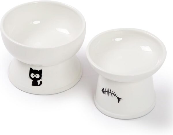 df042f1d0401be29 FOREYY Raised Cat Food and Water Bowl Set, Whisker Friendly Elevated Ceramic Cats Feeder Bowls with Anti Slip Ring, Anti-Vomiting Shallow High Porcelain Pet Kitten Dish, Dishwasher Safe(White)