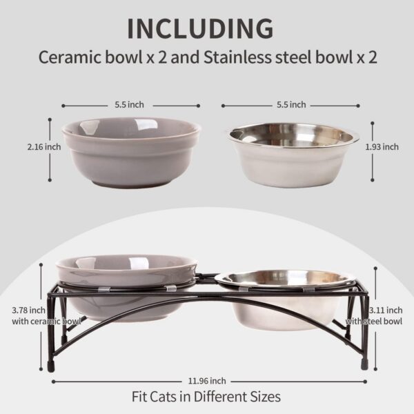 df23db6eb49ce0b0 FOREYY Elevated Cat Bowls with 2 Ceramic Bowls and 2 Stainless Steel Bowls,Raised Cat Food Water Bowl with Iron Stand,Porcelain Pet Dishes for Cats and Small Dogs,16 Ounces,Dishwasher Safe(Gray)