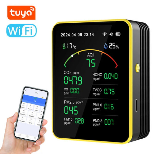 df590772cfe9a56a Tuya WiFi 15 in 1 Air Quality Detector Household Portable AQI PM0.3 PM1.0 PM2.5 PM10 CO CO2 TVOC HCHO Tester with Alarm Function