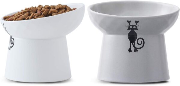 df7bc2e8f5d70d5f TAMAYKIM Tilted Ceramic Raised Cat Bowls, 8 OZ Food and Water Bowls Set for Kitty, Porcelain Elevated Stress Free Feeding Pet Dish, Dishwasher and Microwave Safe, 2 Pack (White & Grey)