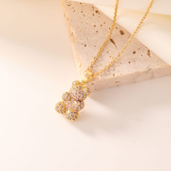 Classic Gold Plated Bear Necklace for Women Fashion Full Diamond Multi color Zircon Pendant Stainless Steel Chain