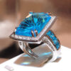 NEW Exaggerated Rectangle Ocean Blue Topaz Sapphire Full Diamond Couple Ring for Women Sier-Plated Engagement Bridal Jewelry