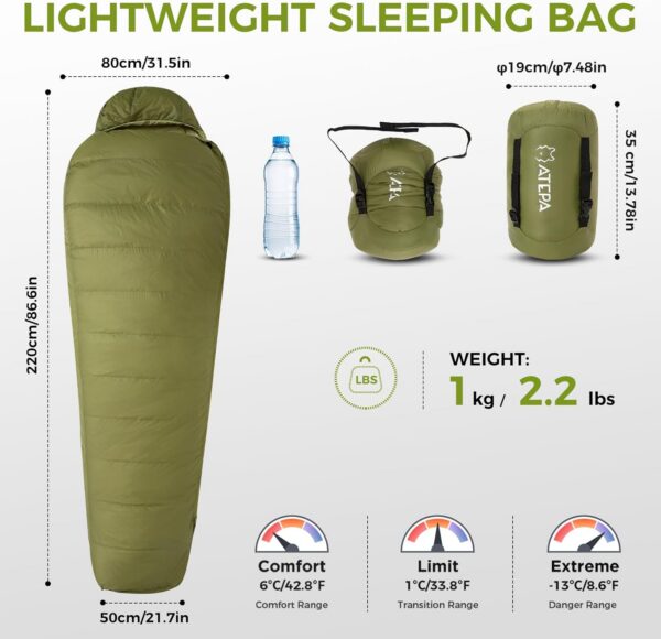 e222b13121edcac4 ATEPA Down Sleeping Bag for Adults, 650FP Recycled Mummy Cold Weather Ultralight 3 Season Waterproof Compact Packable Sleeping Bag with Stuff Sack & 15D Nylon Shell for Backpacking Camping Hiking