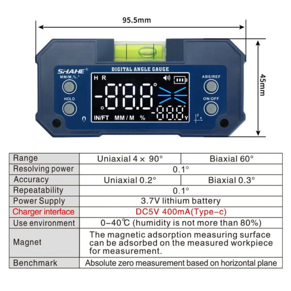 e224710b2d439342 SHAHE Digital Incometer Dual-axis Protractor Rechargable Bevel Box Electronic Level Angle Finder Gauge
