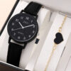 1pc Women With Qpc Fashion Casual Round Pointer Quartz Watch Dainty Black Heart Bracelet Set