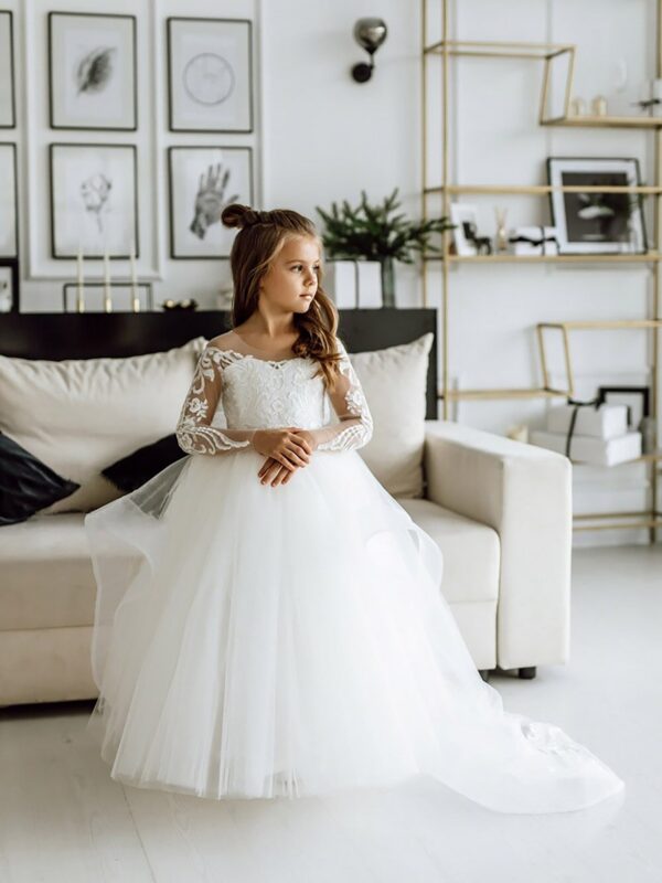 FATAPAESE White Kids Bridesmaid Dress for Girls Flower Long Sleeve Floral Lace Tulle A Line Gown Appqulies Wedding Even 2022