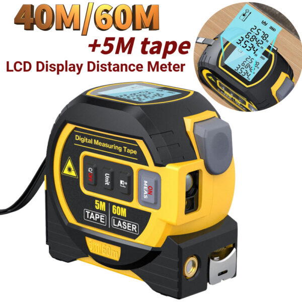 3in1 Laser Rangefinder 5m Tape Measure Ruler LCD Display Distance Meter Building Measurement Area Volume Surveying Device