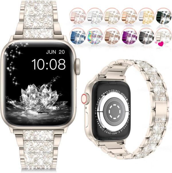 LELONG Compatible with Apple Watch Band 38mm 40mm 41mm Series 9 Series 8 7 6 5 4 3 2 1 SE Ultra, Bling Replacement Bracelet iWatch Band, Diamond Rhinestone Stainless Steel Metal Wristband Strap
