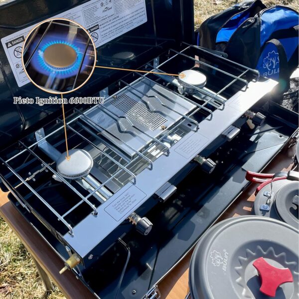 Camping Stove, 3 Burners Propane Portable Camp Stove with Regulator, Push-Button Instant Ignition, Adjustable Burners & Wind Guards for Car BBQ Picnics Outdoor Cooking (BLACK-20400 BTUs)