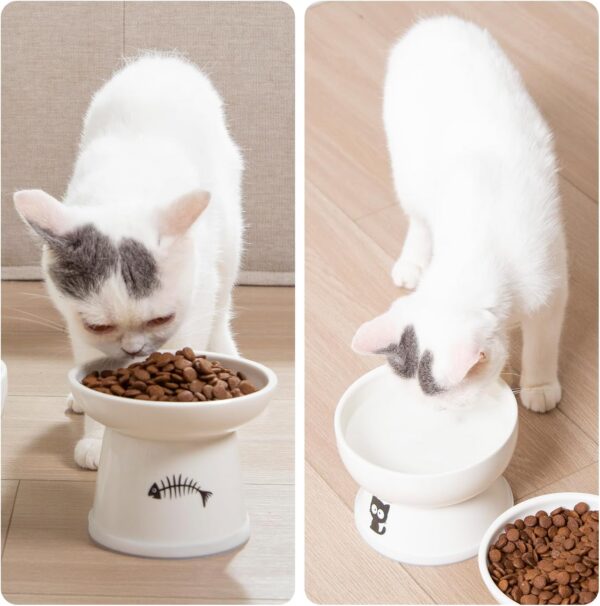 e33b68d5582a994c FOREYY Raised Cat Food and Water Bowl Set, Whisker Friendly Elevated Ceramic Cats Feeder Bowls with Anti Slip Ring, Anti-Vomiting Shallow High Porcelain Pet Kitten Dish, Dishwasher Safe(White)