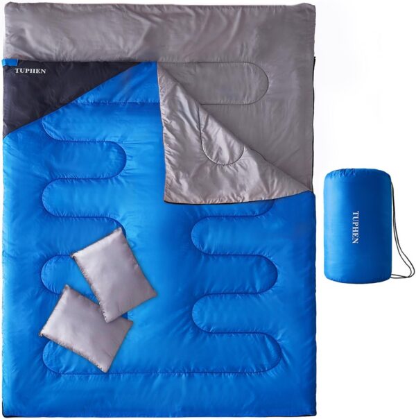 e37a86399fea2d42 Tuphen Double Sleeping Bag, Sleeping Bag with 2 Pillows, Queen Size XL Bag for 2 People, Cold Warm Weather- 3 Seasons, Waterproof Adults for Camping, Backpacking or Hiking